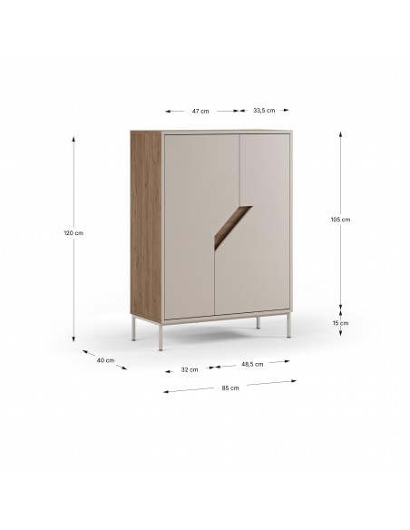 Aparador cubo de diseño LILOU 85 x 120, 2 puertas, color roble y crema