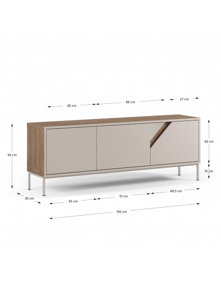 Mueble TV de diseño LILOU 150, 3 puertas color roble y crema