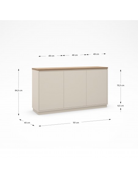 Aparador minimalista LORETA 152, 3 portas, cor vison e carvalho