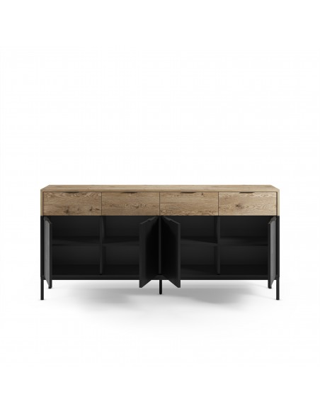 Aparador de diseño MARION 180, 4 puertas y 4 cajones, color roble y negro