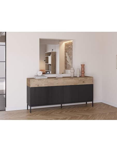 Aparador de diseño MARION 180, 4 puertas y 4 cajones, color roble y negro