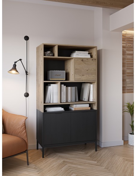 Libreria de diseño MARION 90 x 170, 3 puertas y 6 huecos, color roble y negro