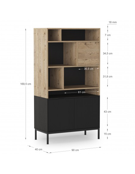Libreria de diseño MARION 90 x 170, 3 puertas y 6 huecos, color roble y negro