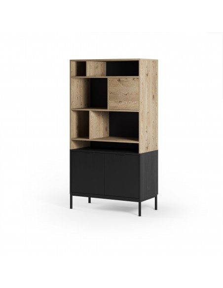 Libreria de diseño MARION 90 x 170, 3 puertas y 6 huecos, color roble y negro