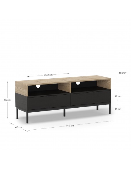 Mueble de TV industrial MARION 140, 2 cajones y 2 huecos, roble y negro