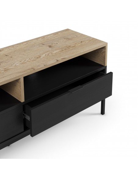 Mueble de TV industrial MARION 140, 2 cajones y 2 huecos, roble y negro