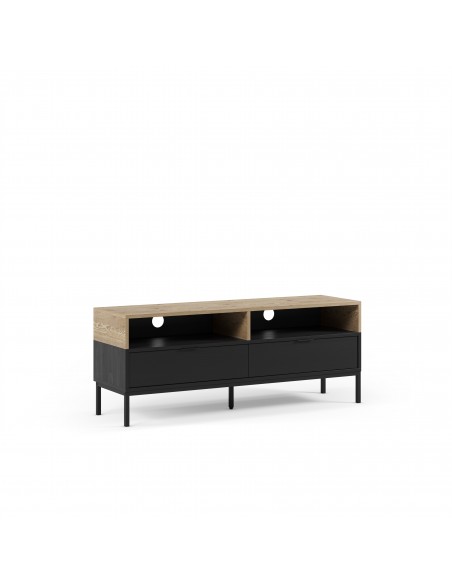 Mueble de TV industrial MARION 140, 2 cajones y 2 huecos, roble y negro