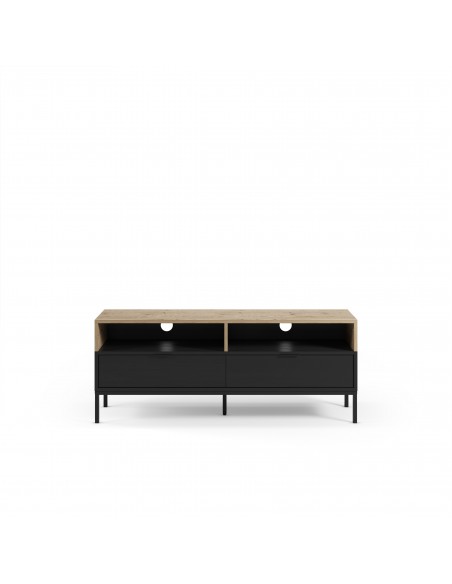 Mueble de TV industrial MARION 140, 2 cajones y 2 huecos, roble y negro
