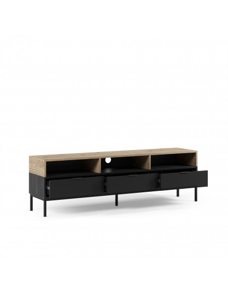 Mueble de TV de diseño MARION 180, 3 cajones y 3 huecos, roble y negro