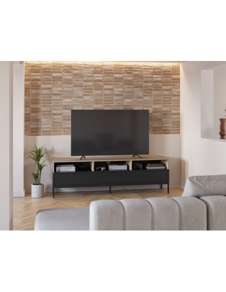 Móvel TV de design MARION 180, 3 gavetas e 3 compartimentos, carvalho e preto