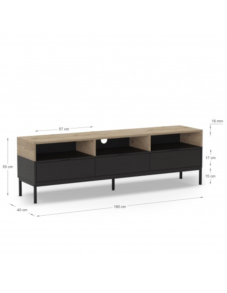 Mueble de TV de diseño MARION 180, 3 cajones y 3 huecos, roble y negro