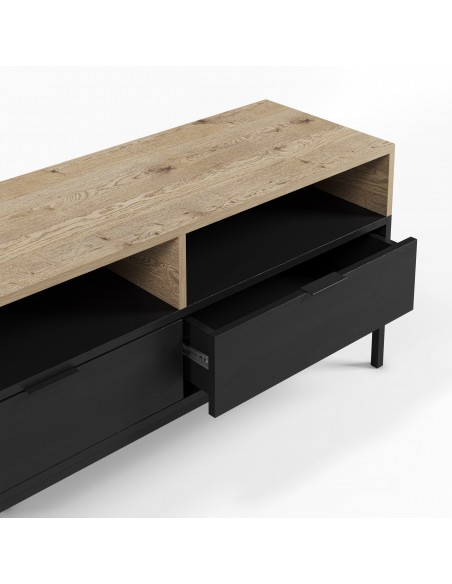 Mueble de TV de diseño MARION 180, 3 cajones y 3 huecos, roble y negro