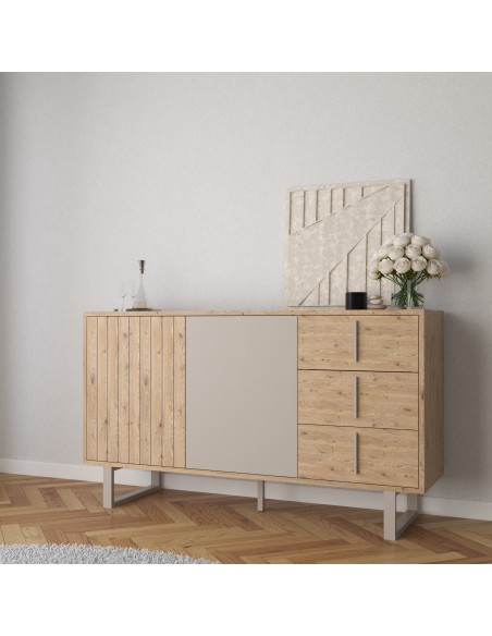 Aparador design MILLAY 140, 2 portas e 3 gavetas, cor carvalho e cinza