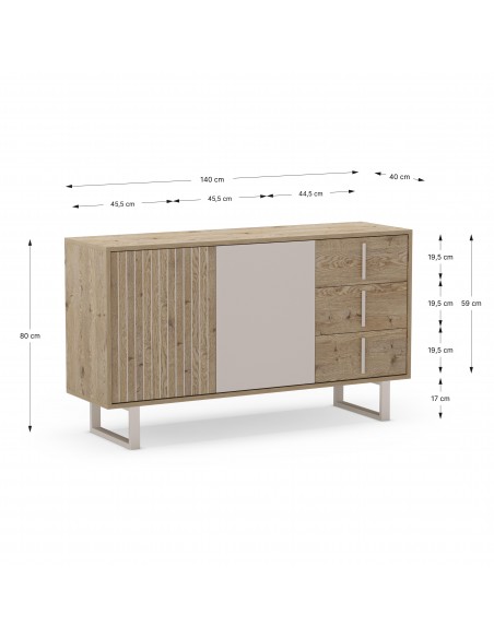 Aparador design MILLAY 140, 2 portas e 3 gavetas, cor carvalho e cinza
