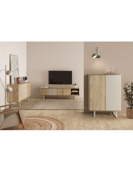 Aparador cube design MILLAY 90 x 120, 2 portas, cor carvalho e cinza