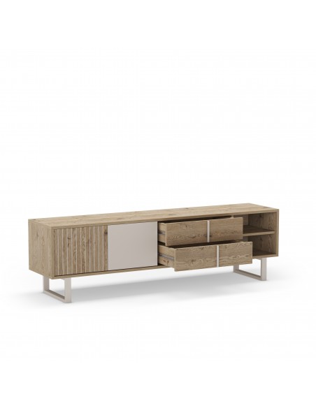 Mueble de TV de diseño MILLAY 180, 2 puertas,2 cajones, color roble y gris