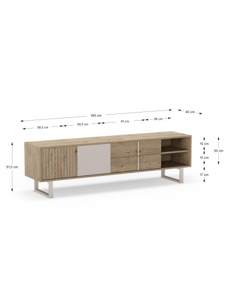 Mueble de TV de diseño MILLAY 180, 2 puertas,2 cajones, color roble y gris