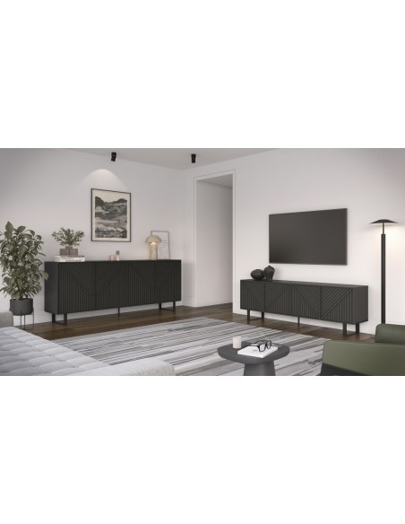 Mueble de TV minimalista PETA 160 x 55, color negro, patas de metal