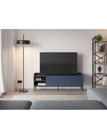 Armário de TV minimalista ADARA 160 x 55, azul e preto, base de metal