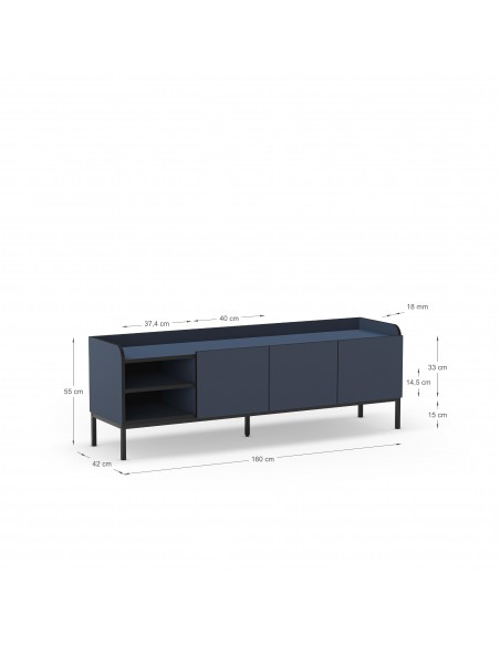 Mueble de TV minimalista ADARA 160 x 55, azul y negro, patas de metal