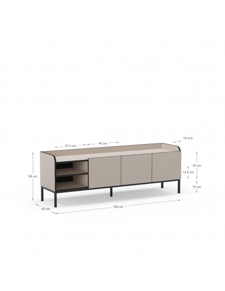 Armário de TV minimalista ADARA 160 x 55, creme e preto, base de metal