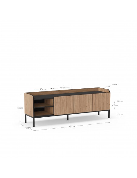 Mueble de TV minimalista ADARA 160 x 55, color roble y negro, patas de metal