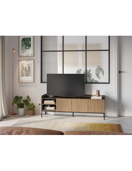 Mueble de TV minimalista ADARA 160 x 55, color roble y negro, patas de metal