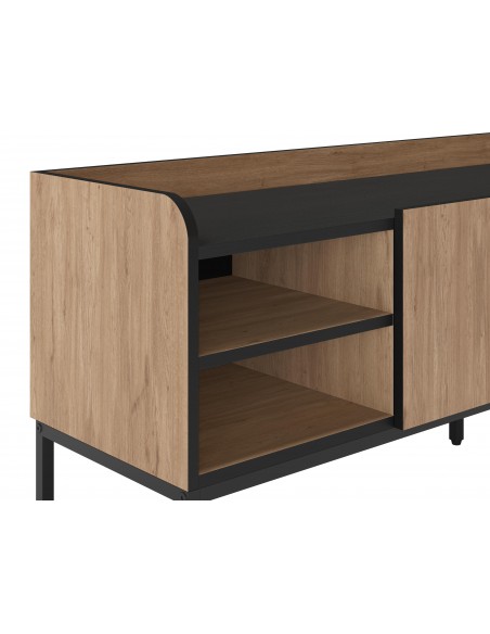 Mueble de TV minimalista ADARA 160 x 55, color roble y negro, patas de metal