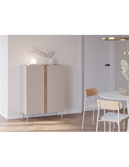 Aparador cubo alto de design LUCILE 90 em cor creme e carvalho