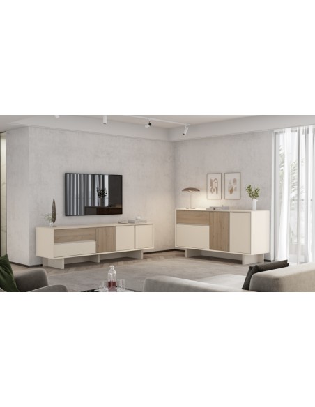 Mueble de TV de diseño CARPI 180, 3 puertas y 2 cajones, color vison y roble