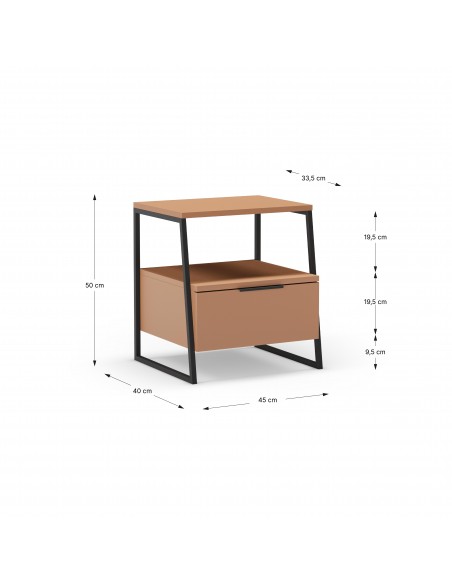 Mesa de cabeceira VELIA 45 X 50, cor terracota e base em metal preto