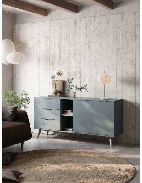 Aparador de design nórdico PISCO 165, pinho verde e branco cera