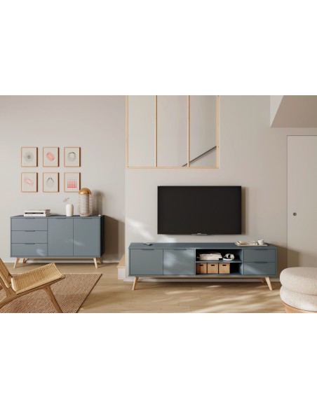 Móvel de TV de design nórdico PISCO 180, pinho verde e branco cera