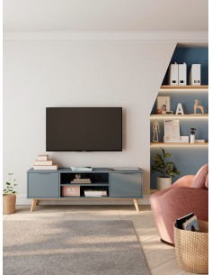 Mueble TV diseño nórdico PISCO 140, pino verde y blanco cera 2