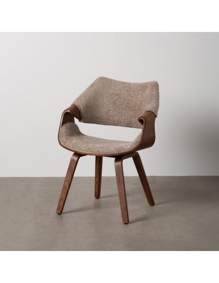 Silla con brazos de diseño nórdico, madera curvada color nogal, tela beige