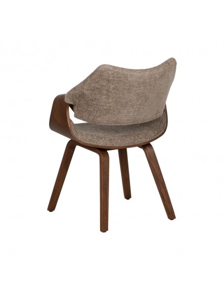 Silla con brazos de diseño nórdico, madera curvada color nogal, tela beige