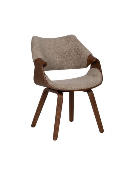 Silla con brazos de diseño nórdico, madera curvada color nogal, tela beige