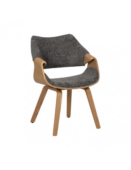 Silla con brazos de diseño nórdico, madera curvada color roble, tela gris