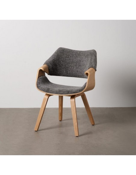Silla con brazos de diseño nórdico, madera curvada color roble, tela gris