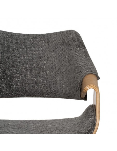 Silla con brazos de diseño nórdico, madera curvada color roble, tela gris