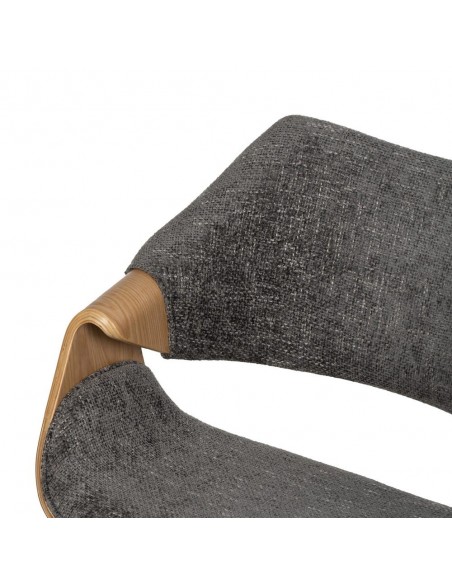 Silla con brazos de diseño nórdico, madera curvada color roble, tela gris