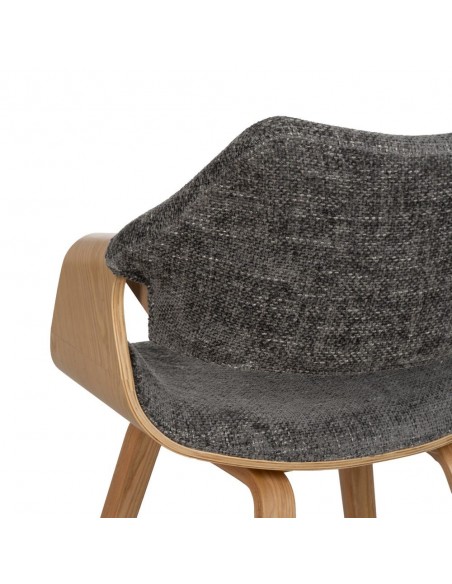 Cadeira com braços design nórdico, madeira curva cor carvalho, tecido cinza