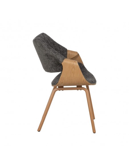 Silla con brazos de diseño nórdico, madera curvada color roble, tela gris