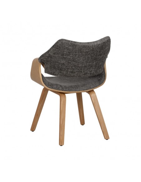 Silla con brazos de diseño nórdico, madera curvada color roble, tela gris
