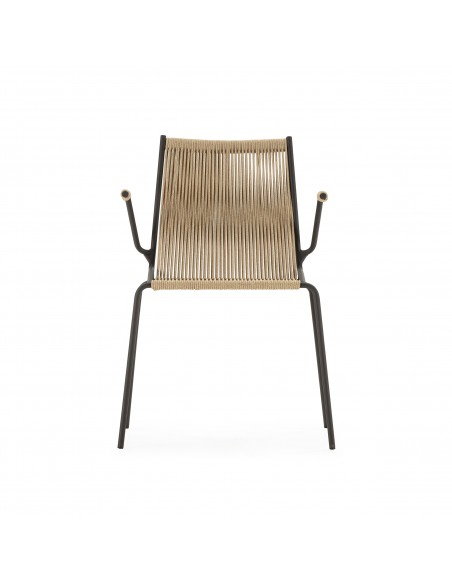 Silla de exterior EMILY con brazos en cuerda beige y metal negro