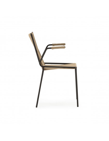 Silla de exterior EMILY con brazos en cuerda beige y metal negro