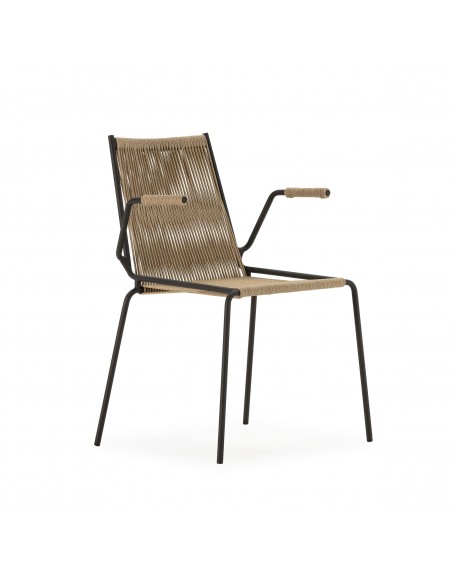 Silla de exterior EMILY con brazos en cuerda beige y metal negro