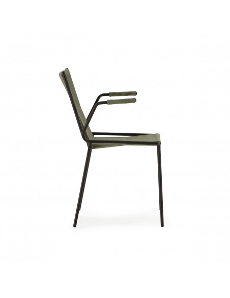 Silla de exterior EMILY con brazos en cuerda verde y metal negro