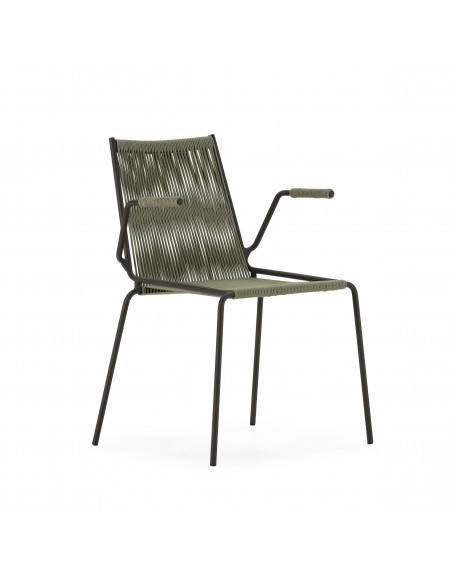 Silla de exterior EMILY con brazos en cuerda verde y metal negro