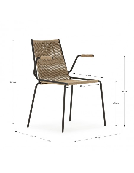 Silla de exterior EMILY con brazos en cuerda beige y metal negro